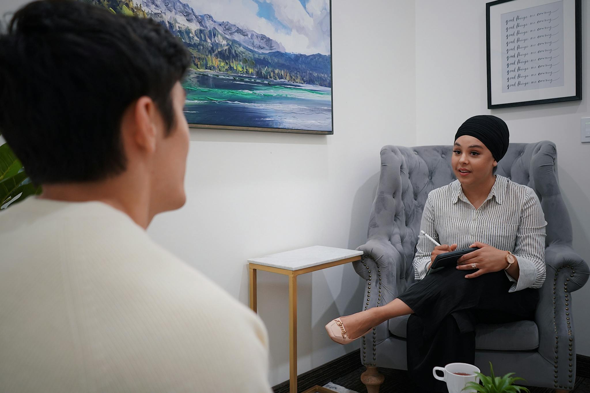A therapist conducts a one-on-one session with a client in a comfortable office environment.